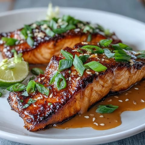Crispy Bang Bang Salmon fillets drizzled with creamy, spicy-sweet sauce, garnished with sesame seeds and green onions.  