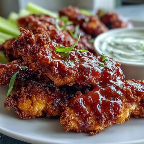 Crispy keto buffalo ranch chicken tenders served with fresh celery sticks and creamy homemade ranch dip for a satisfying low-carb meal.