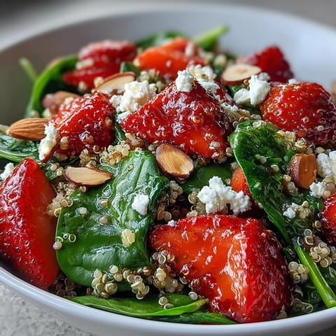 A colorful strawberry spinach quinoa salad with juicy berries, fresh greens, and a tangy balsamic vinaigrette for a light, healthy meal.