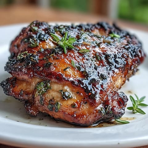 Juicy marinated chicken thighs with fresh herbs, grilled and plated alongside a crisp, tangy Greek salad.  