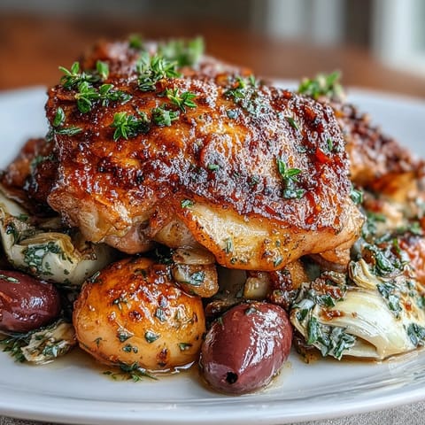 Juicy bone-in chicken thighs roasted with briny Kalamata olives, tender artichoke hearts, and cherry tomatoes for a Mediterranean-inspired dinner.