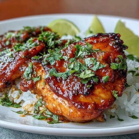 Juicy yogurt-marinated chicken thighs baked in a vibrant curry sauce with ginger, turmeric, and coconut milk, served with fluffy rice.  