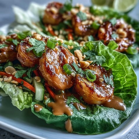 Vibrant lettuce wraps filled with succulent shrimp, colorful bell peppers, and carrots, drizzled with zesty peanut sauce for a healthy, flavorful bite.  