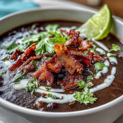 Smoky black bean soup topped with crunchy bacon and tangy lime crema, perfect for a hearty weeknight dinner.  