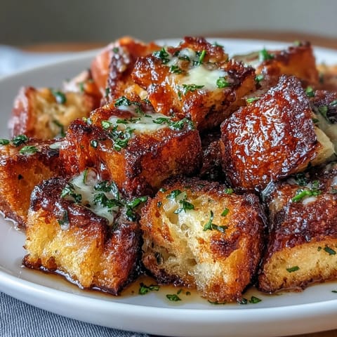 Golden sourdough cubes baked with garlic and herbs, ideal for topping classic French onion soup with Gruyère.  