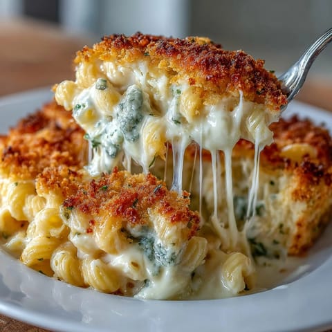 Creamy baked pasta dish with a rich blend of four cheeses, topped with buttery breadcrumbs for a crispy, golden finish.