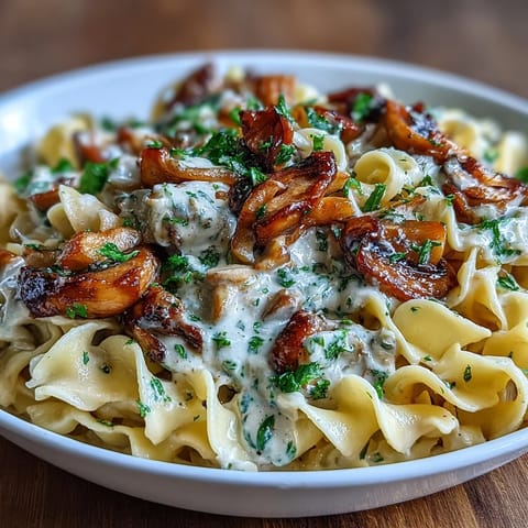 Vegetarian mushroom stroganoff with golden sautéed onions, earthy mushrooms, and silky sour cream sauce.  