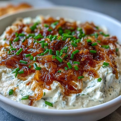 Rich and tangy Creamy Caramelized Onion Dip made with deeply golden onions and thick Greek yogurt, perfect for scooping with crackers or fresh veggies.  