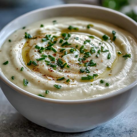 Velvety cauliflower soup with sweet caramelized onions, served steaming hot in a rustic white bowl.