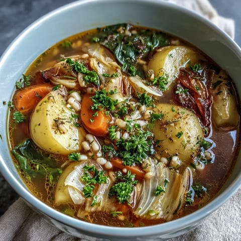 A steaming bowl of warm winter-to-spring vegetable soup with barley, filled with tender root vegetables and fresh greens.  