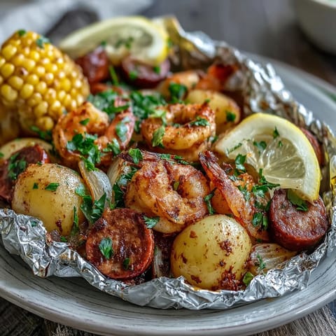 Easy-to-make shrimp and sausage foil packets bursting with juicy seafood, savory sausage, and vibrant vegetables, seasoned with Old Bay spices.  