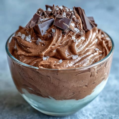 Fluffy Yogurt Protein Mousse with Cocoa and Sea Salt in a glass, topped with dark chocolate shavings and a pinch of flaky sea salt.
