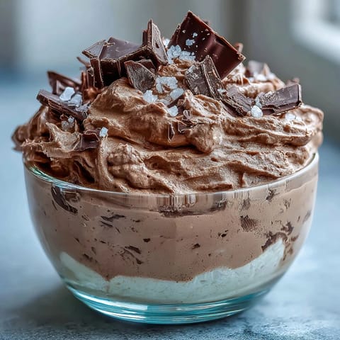 Velvety high-protein yogurt mousse swirled with rich cocoa, garnished with fresh berries and a sprinkle of sea salt.