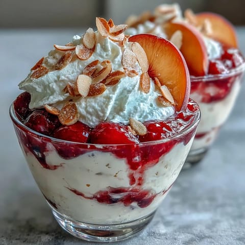 Fluffy Yogurt Peach Melba Cups with Toasted Almonds, a creamy layered dessert with ripe peaches, tangy raspberry sauce, and crunchy almonds.