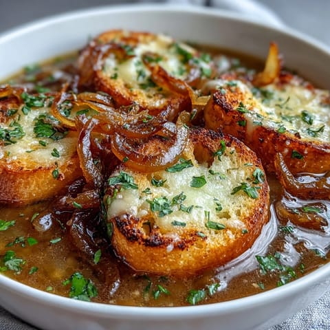 Rich caramelized onions and roasted garlic blend into a velvety soup, topped with golden herb croutons.  