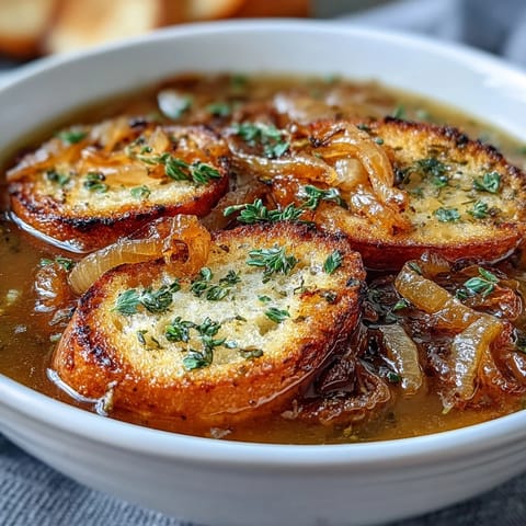 Creamy roasted garlic and onion soup with crispy herb croutons, a comforting vegetarian dinner.  