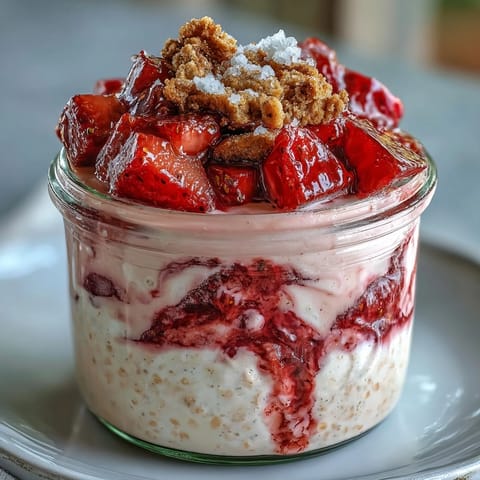 Strawberry cheesecake overnight oats topped with fresh strawberries and buttery graham cracker crumble in a glass jar.