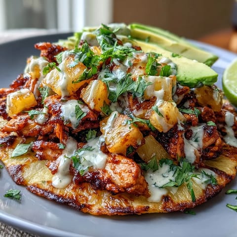 Golden-baked tostadas topped with zesty pineapple salsa, shredded chicken, and creamy lime crema drizzle.  