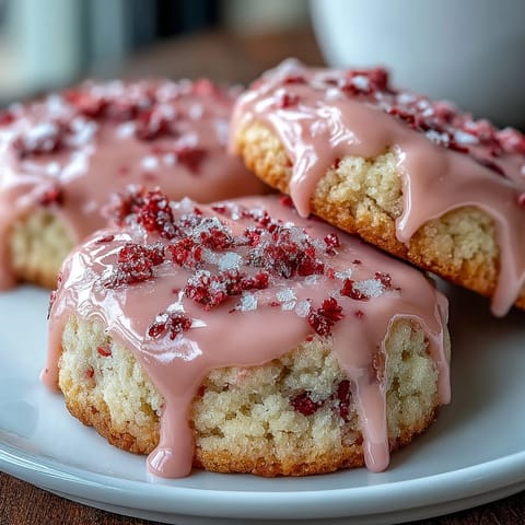 Melt-in-your-mouth strawberry sugar cookies drizzled with pink icing, showcasing vibrant color and a tender crumb ideal for dessert tables.