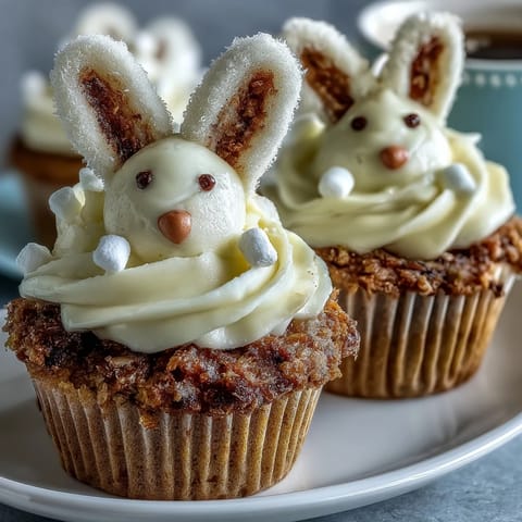 Adorable Easter Bunny Carrot Cake Cupcakes with cream cheese frosting, decorated with marshmallow ears and candy eyes for festive spring treats.