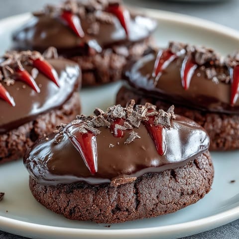 Rich dark chocolate cookies decorated with candy fangs and red gel icing for a vampire-inspired dessert.  