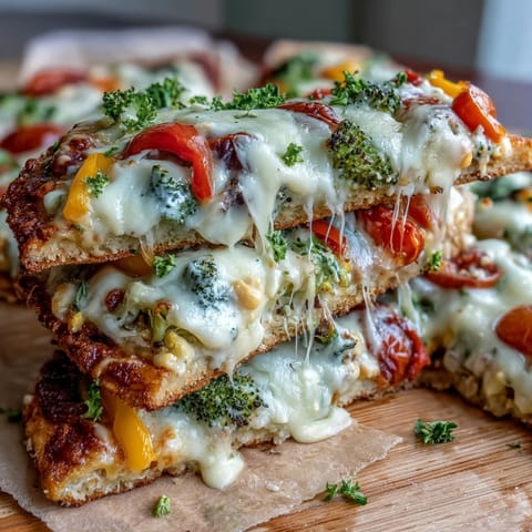 Festive St. Patrick's Day flatbread pizza loaded with fresh vegetables arranged in a rainbow pattern.