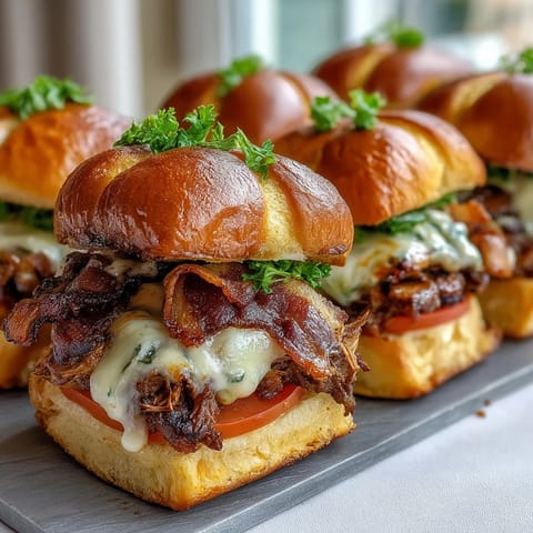 Kentucky Derby Hot Brown Sliders on Brioche Buns with roasted turkey, bacon, and creamy Mornay sauce in golden brioche slider buns.