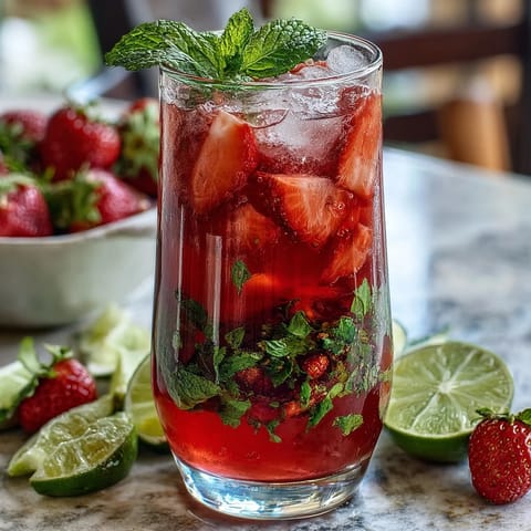 Refreshing pitcher of strawberry mint mocktail with ripe berries and fresh mint leaves, perfect for spring parties and gatherings.