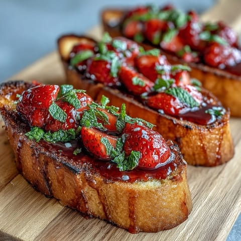 Fresh strawberry bruschetta with balsamic and mint on golden toasted baguette slices, perfect for summer entertaining or a light snack.