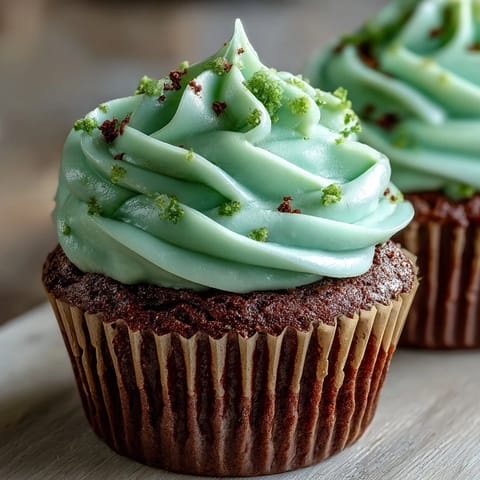 Moist green velvet cupcakes with a hint of cocoa, elegantly frosted with tangy cream cheese and perfect for St. Patrick's Day celebrations.