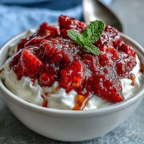 Strawberry compote drizzled over creamy Greek yogurt with fresh mint garnish.