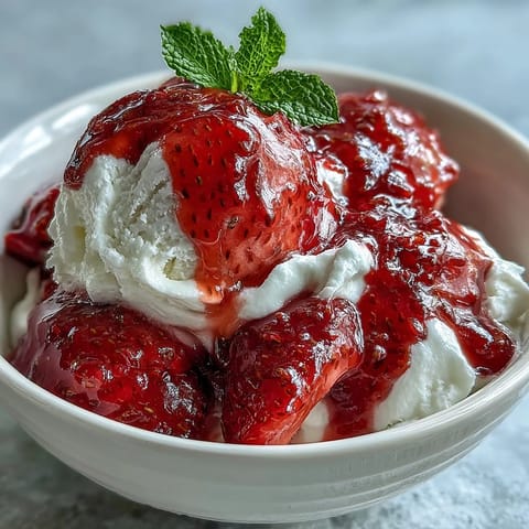Bright red strawberry compote spooned onto thick Greek yogurt for a refreshing treat.