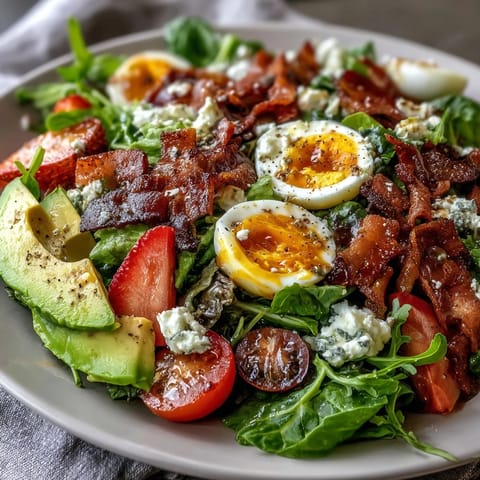 Spring Cobb Salad with Strawberries and Avocado, a vibrant dish with juicy berries, creamy avocado, crisp greens, and tangy feta.