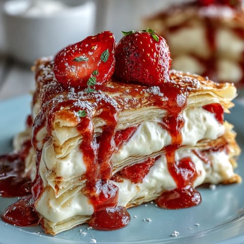 Strawberry crepe cake with fresh strawberries and vanilla cream filling, perfect for Mother's Day brunch or special occasions.