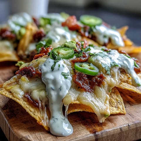 Crispy tortilla chips smothered in a rich, creamy cheese sauce, topped with fresh tomatoes and jalapeños for a perfect game day snack.  