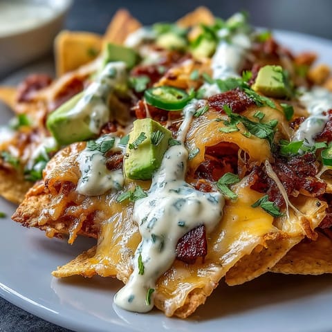 Gooey cheese sauce cascades over crunchy tortilla chips, garnished with avocado, cilantro, and sour cream for irresistible Soccer Game Day Nachos.  