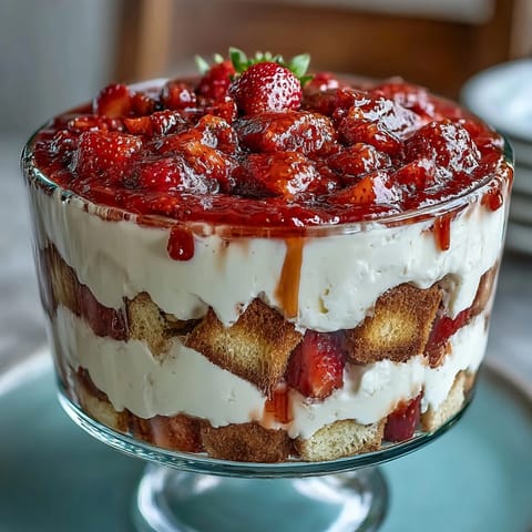 Mothers Day Strawberry Shortcake Layered Trifle with juicy strawberries and fluffy whipped cream in a glass bowl.