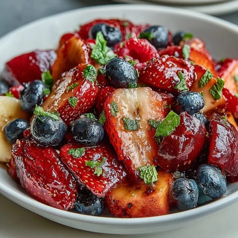 Festive Fourth of July fruit skewers with red strawberries, white bananas, and blueberries in patriotic pattern.