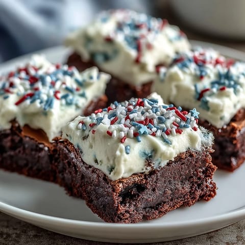 Rich, fudgy brownie bites decorated with bright red, white, and blue sprinkles, perfect for Independence Day celebrations.