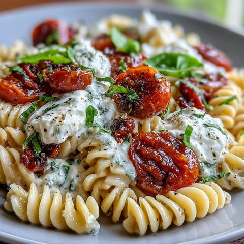 Caprese Pasta with Burrata features fresh tomatoes, basil, and creamy cheese on a rustic wooden table.