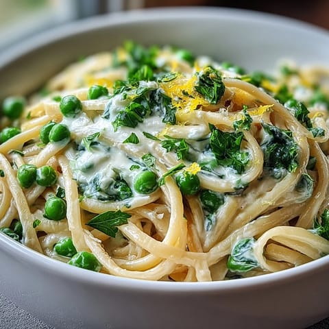 A creamy bowl of Spring Pasta: Ricotta and Lemon Linguine with Peas, bright with lemon zest and fresh herbs.
