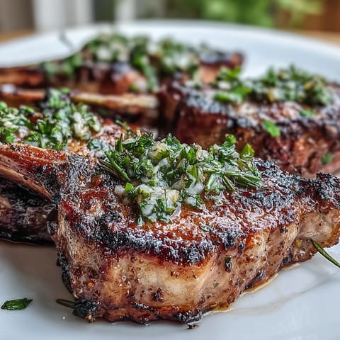 Juicy lamb chops with mint gremolata, seared to perfection and topped with a bright, herbaceous sauce for a Mediterranean feast.