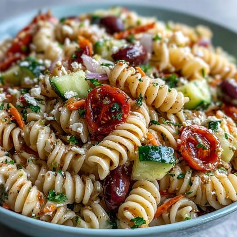 Vibrant Memorial Day Pasta Salad with Italian dressing and crisp veggies, perfect for picnics.