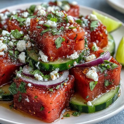 Vibrant watermelon cucumber salad bursting with Tajin spice and fresh lime.