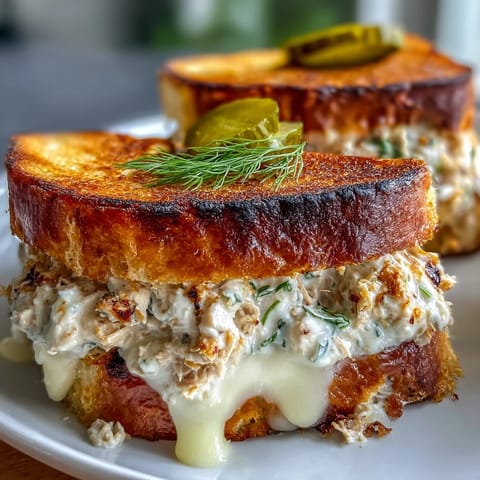 Crispy Tuna Melt sandwich with golden toasted bread, melted cheese, and tangy pickles for a satisfying lunch.