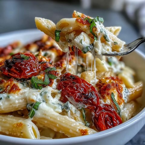 Creamy baked feta pasta with burst tomatoes and fresh basil.