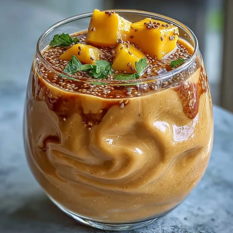 A vibrant, tropical mango coconut chia smoothie in a tall glass, garnished with fresh mango slices and coconut flakes.