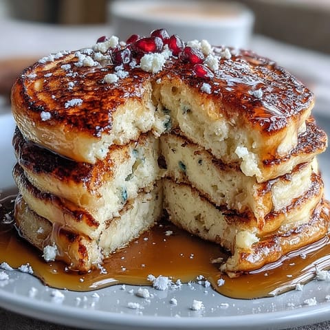 Fluffy lemon ricotta pancakes topped with fresh berries and a dusting of powdered sugar, perfect for a bright weekend brunch.