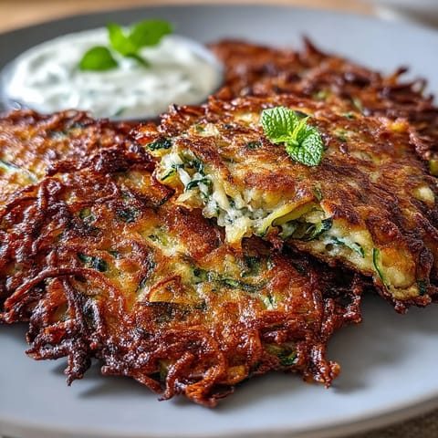 Crispy zucchini fritters with feta cheese and fresh herbs, served alongside a cool yogurt mint dipping sauce.  