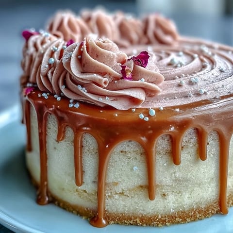Elegant pink Bridal Shower Rosé Velvet Cake gleaming with edible gold drip.